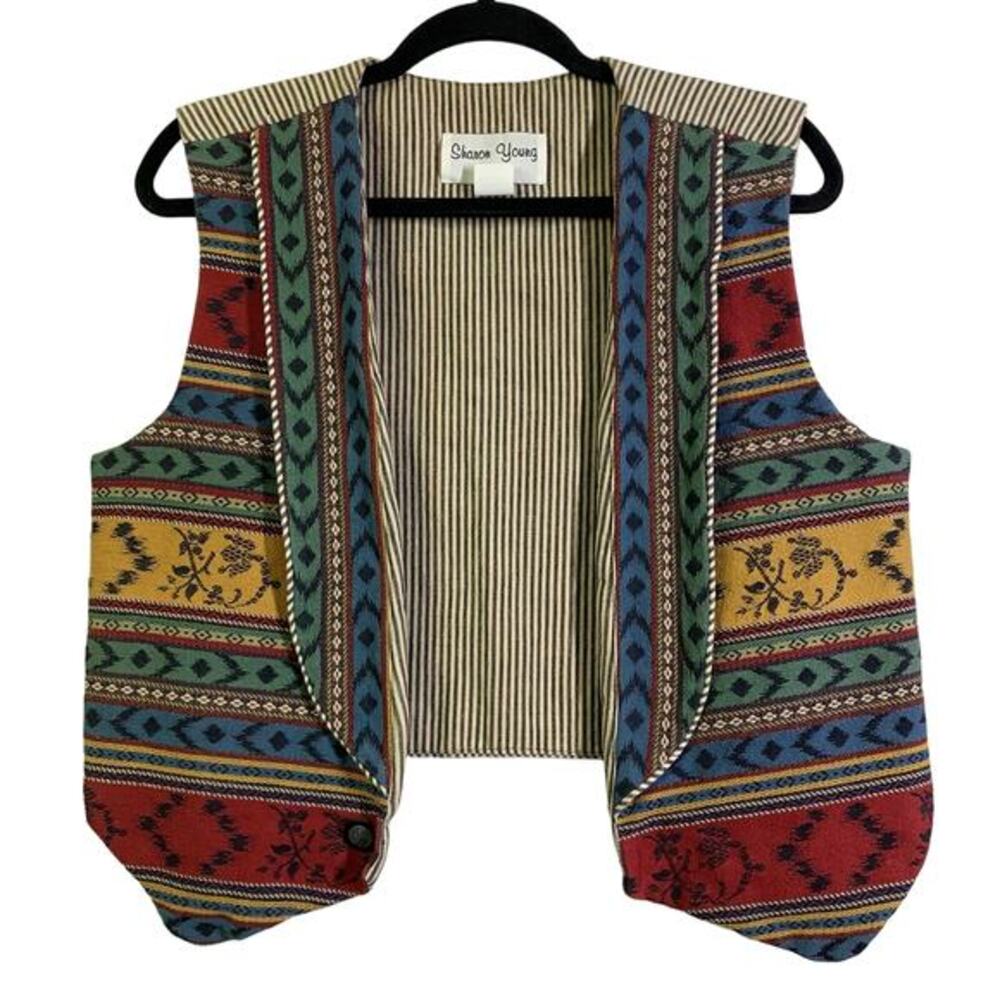 SHARON YOUNG Vest Vintage Southwest Conductor Stripe Piping Woven Cotton Boho